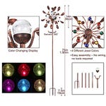 A 75-inch tall solar LED wind spinner, featuring color-changing lights and four jewel colors, with an illustration of the easy assembly process.