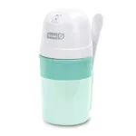 A Dash My Pint Ice Cream Maker is a compact appliance with a mint green base and a white top, including a button and a spoon attached.