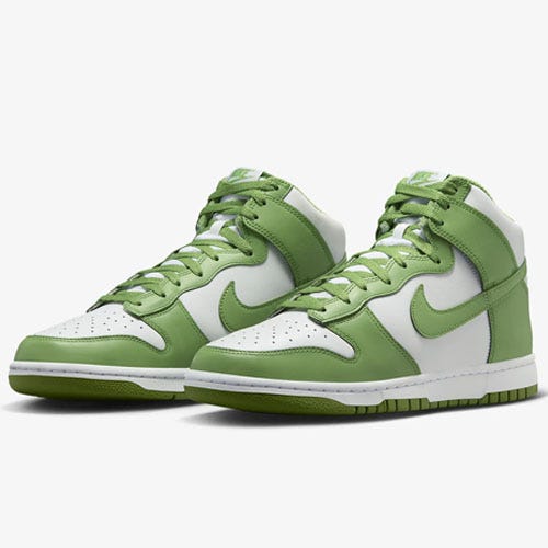 A pair of high-top sneakers in green and white color scheme.