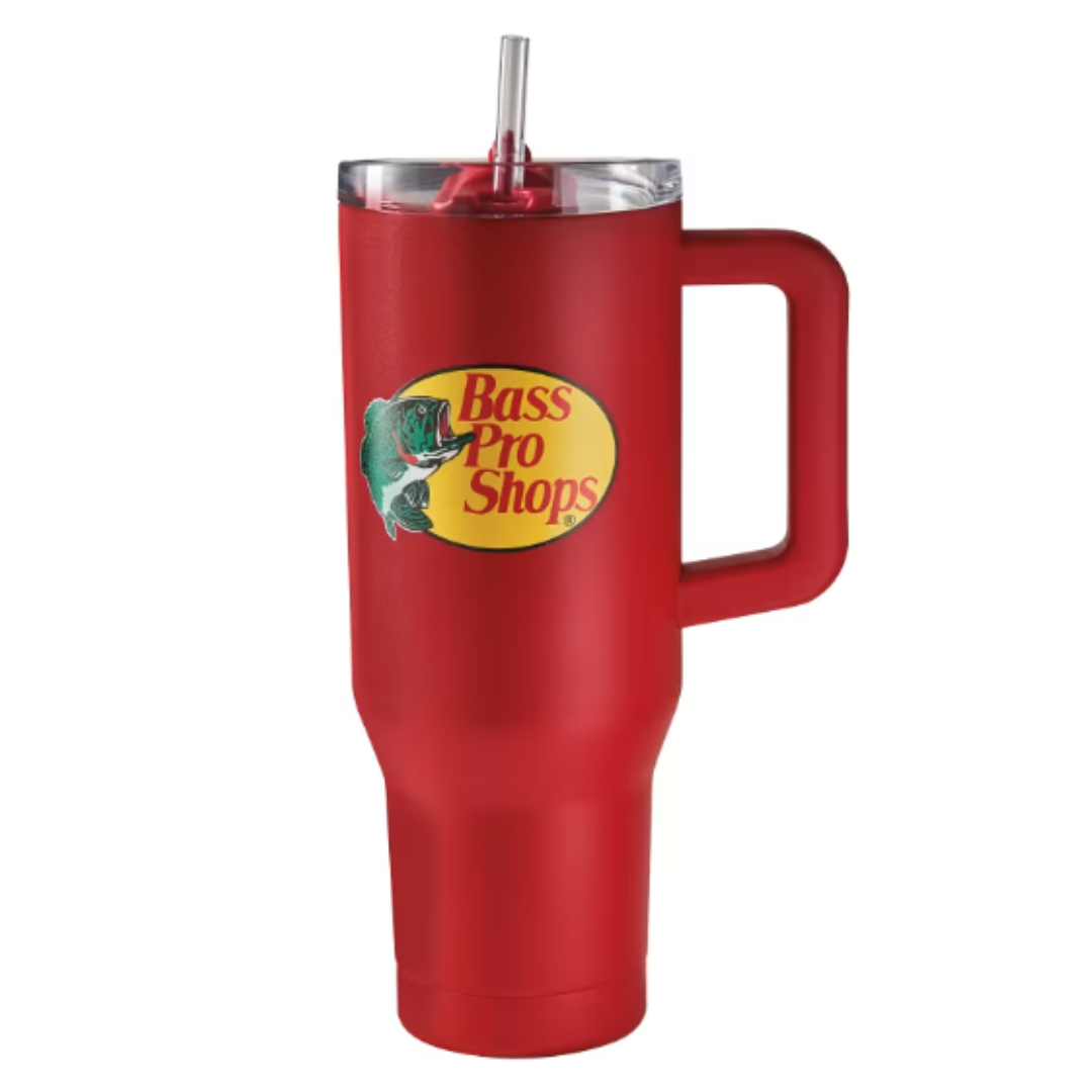 Red 40-oz tumbler with a handle and clear lid featuring a straw, adorned with the Bass Pro Shops logo showing a fish.