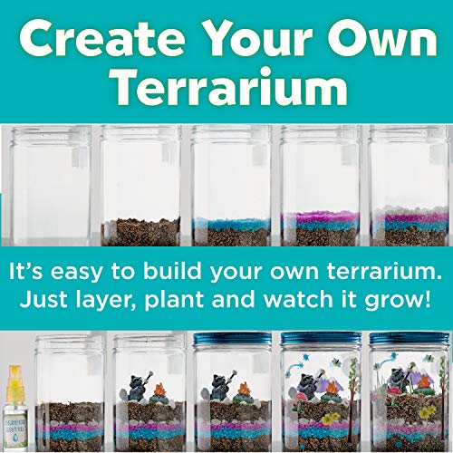 Create your own terrarium kit displayed with clear jars, soil layers, colorful sand, and figurines, indicating a do-it-yourself planting project for kids.