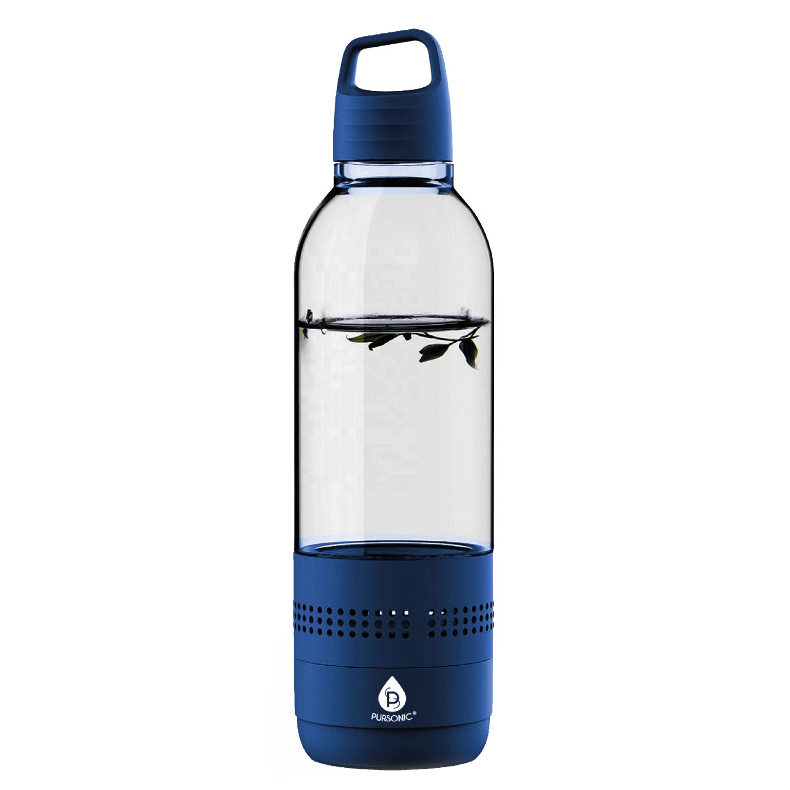 A blue water bottle with a built-in speaker at the base, featuring a clear body and a blue screw-on lid with a handle.