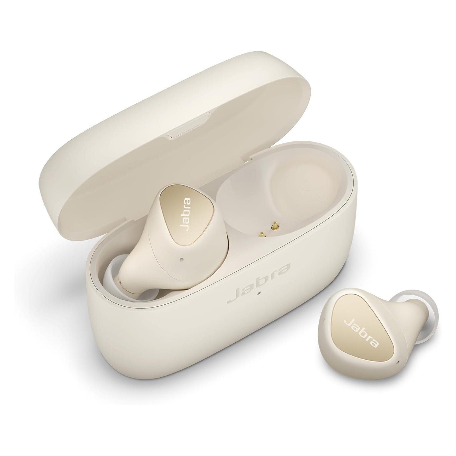 Jabra wireless earbuds in beige with a charging case, displaying one earbud placed inside and another outside the case.