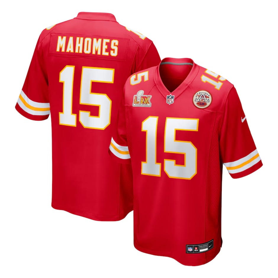Kansas City Chiefs football jerseys with the number 15 and the name Mahomes, featuring NFL and team logos.
