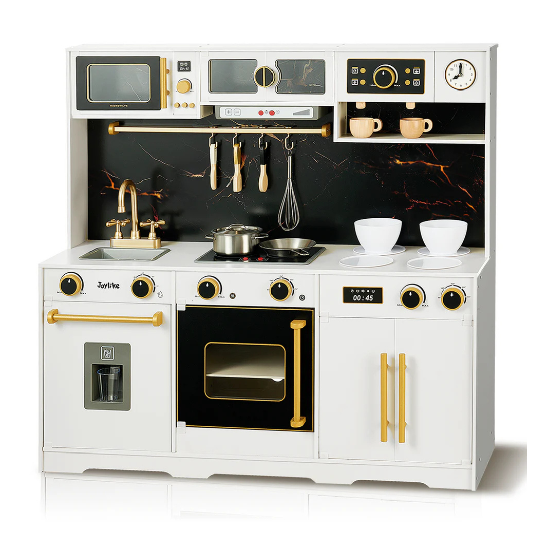 Joylike Realistic Kids' Kitchen features a white and gold design, including a sink with faucet, stove, oven, microwave, and storage cabinets. It comes with pretend play accessories like pots, bowls, and utensils, offering a complete kitchen experience for kids.