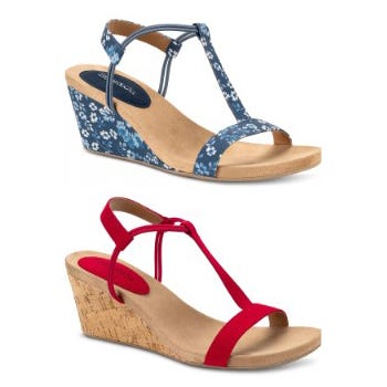 Two pairs of women's wedge sandals, one with blue floral straps and the other with solid red straps.