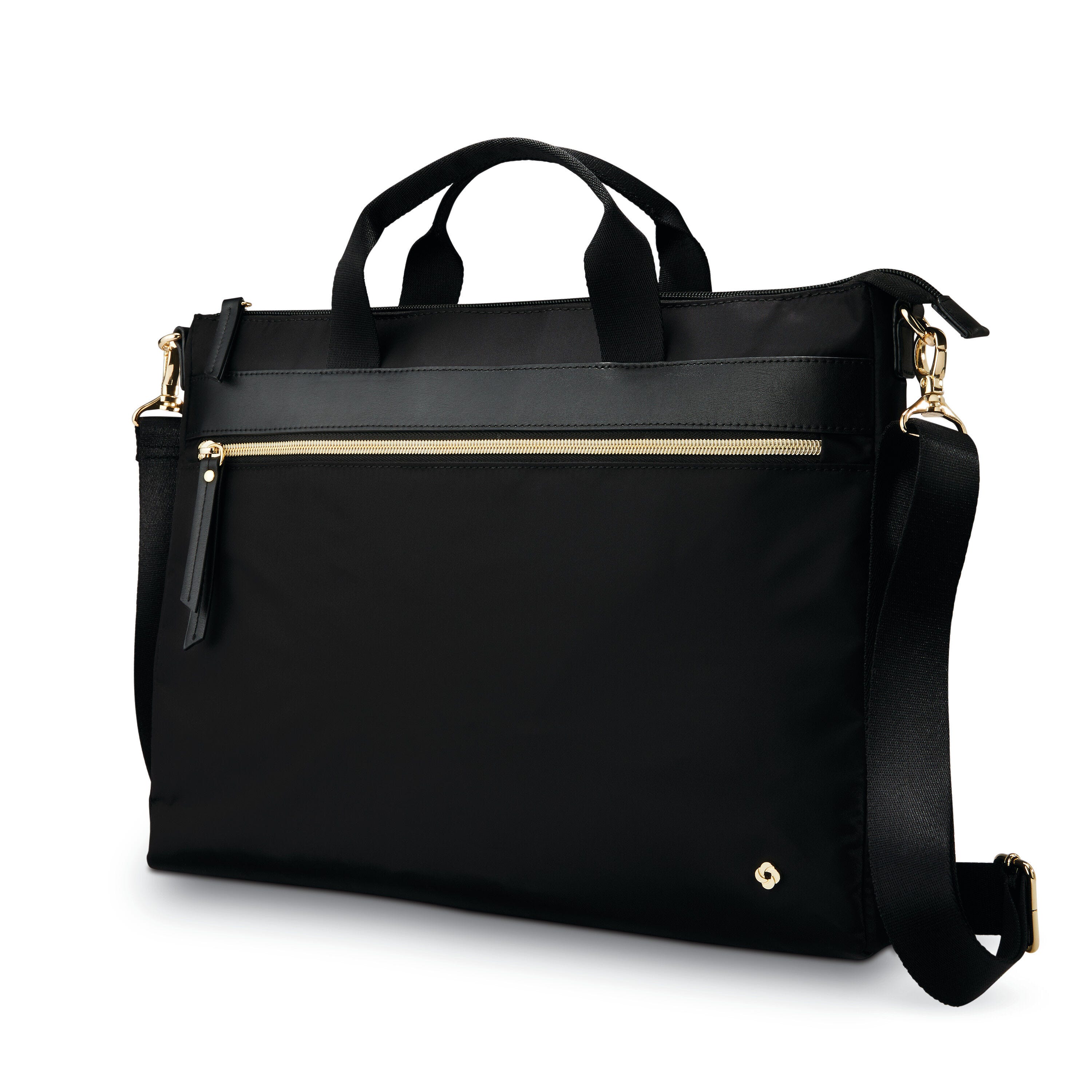 Black Samsonite Slim Brief with gold zippers, featuring dual top handles, a detachable shoulder strap, and an exterior zippered pocket, offering a sleek and functional design.