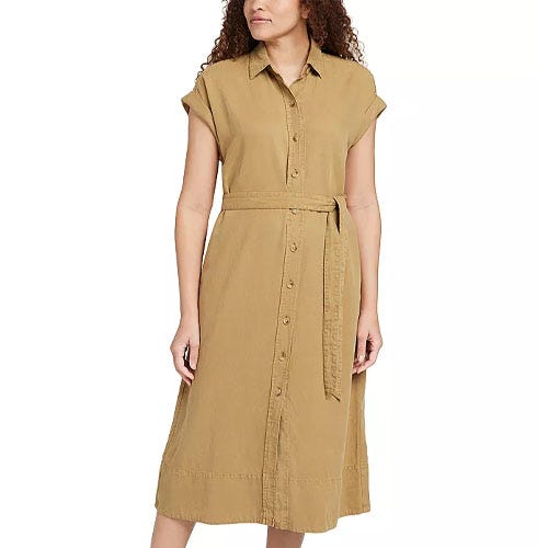 A mid-length shirt dress with short sleeves, a collar, button-down front, and a tie belt at the waist, in a solid khaki color.