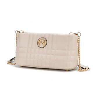 A light beige quilted shoulder bag with a metallic logo and gold-tone chain strap.