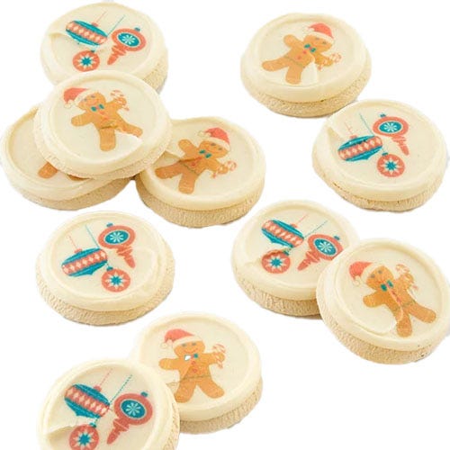A set of 12 round sugar cookies, each topped with an image featuring a gingerbread person wearing a Santa hat and festive ornaments, all on a white icing background.