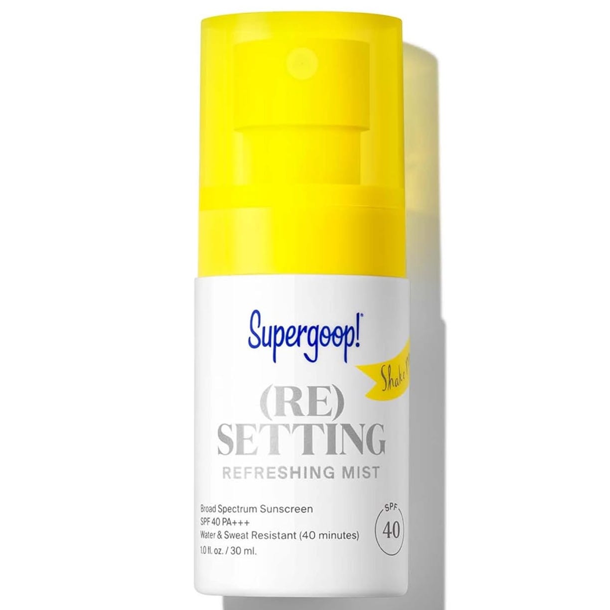 Supergoop! (Re)setting Refreshing Mist, a broad-spectrum sunscreen with SPF 40 PA+++, water and sweat resistant for 40 minutes, in a 30mL spray bottle.