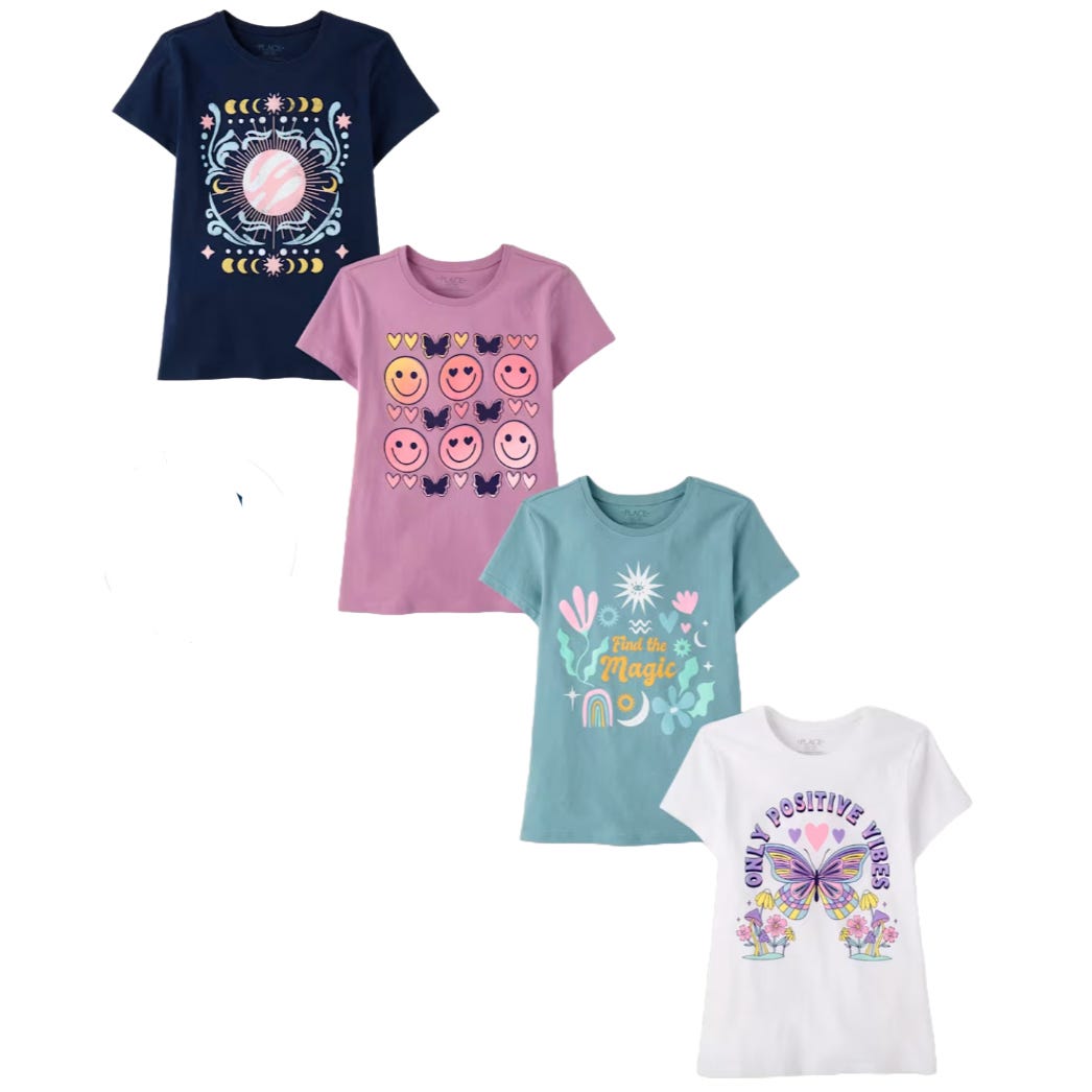 Four colorful kids' T-shirts are shown with graphics including a geometric pattern, smiley faces, \“Find the Magic,\“ and \“Only Positive Vibes\“ with a butterfly.
