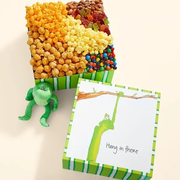 A box filled with various popcorn flavors and candy, accompanied by a green plush frog and a note card with an encouraging message.