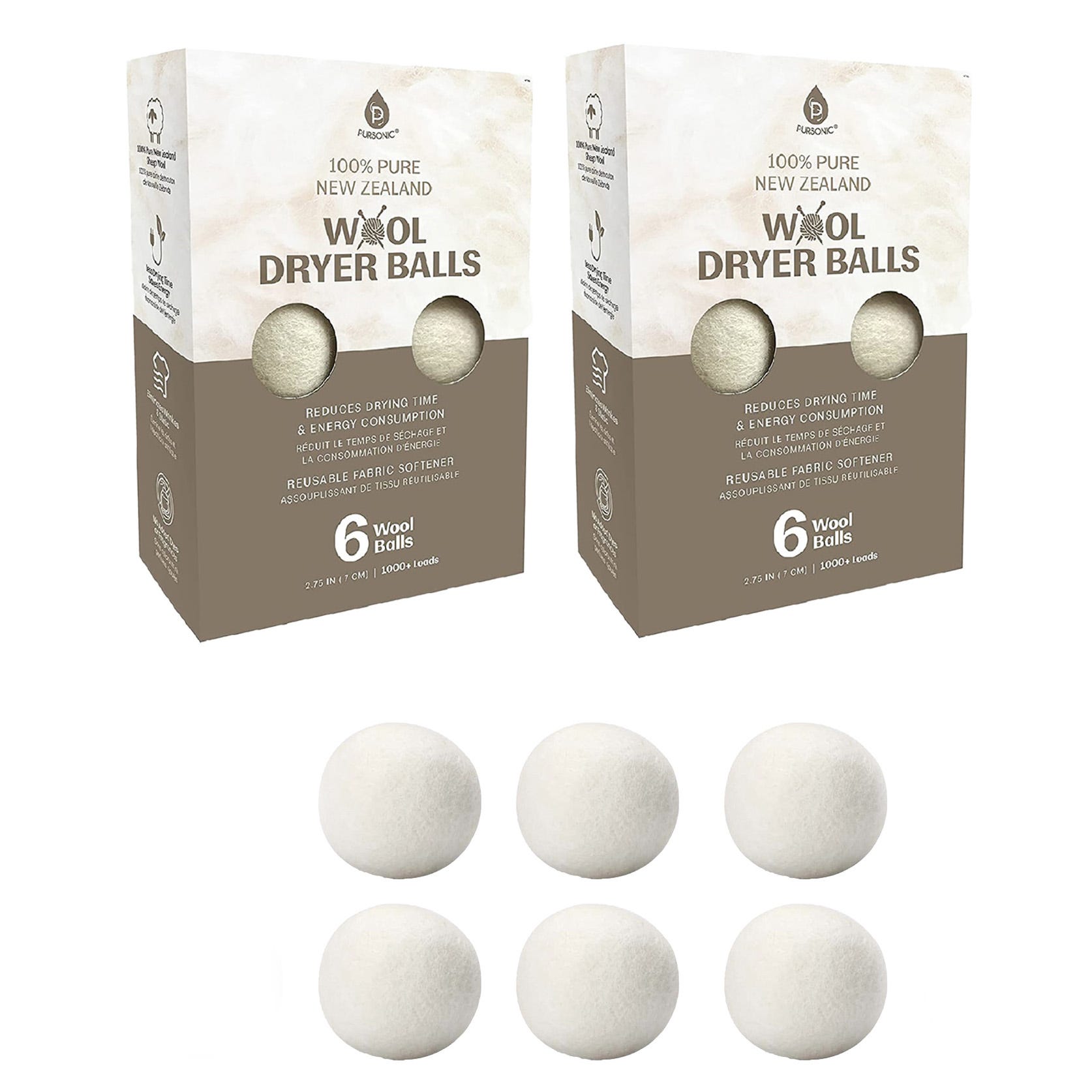 Two boxes of 100% pure New Zealand wool dryer balls are shown, each containing six balls. They claim to reduce drying time, energy consumption, and serve as a reusable fabric softener.