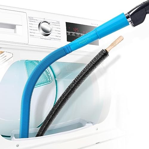 A flexible blue hose with a brush attachment is inserted into the open drum of a dryer, suggesting it's designed to clean lint from dryer vents.