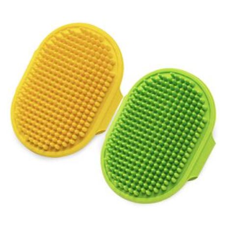 Two silicone grooming brushes, one yellow and one green, with textured surfaces designed for pet care.
