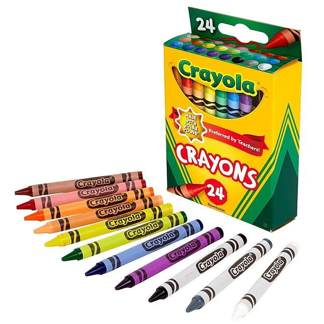 A box of 24 Crayola crayons with assorted colors displayed alongside it.