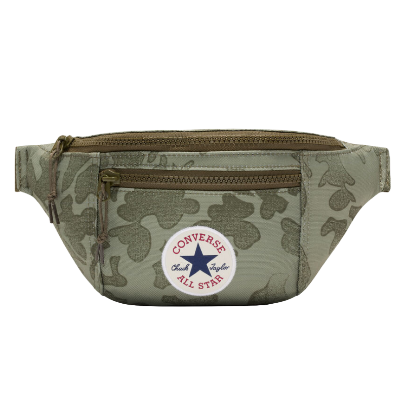 Converse All Star camouflage fanny pack with a front zipper pocket and a logo patch.