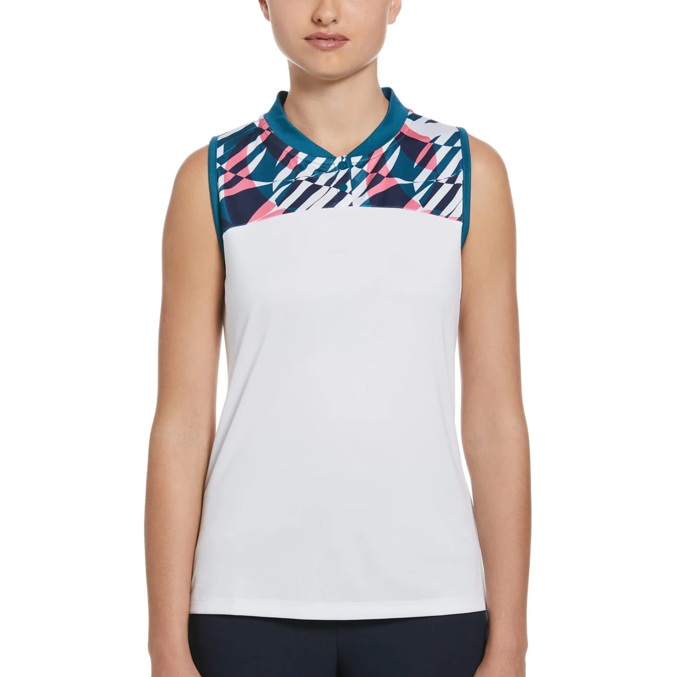 Woman wearing a sleeveless white top with a geometric pattern in shades of pink, blue, and black around the collar.