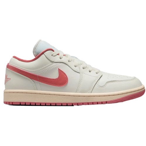 Nike Air Jordan 1 Low sneaker in a white and pink color scheme, featuring a prominent pink Nike Swoosh and pink outsole.