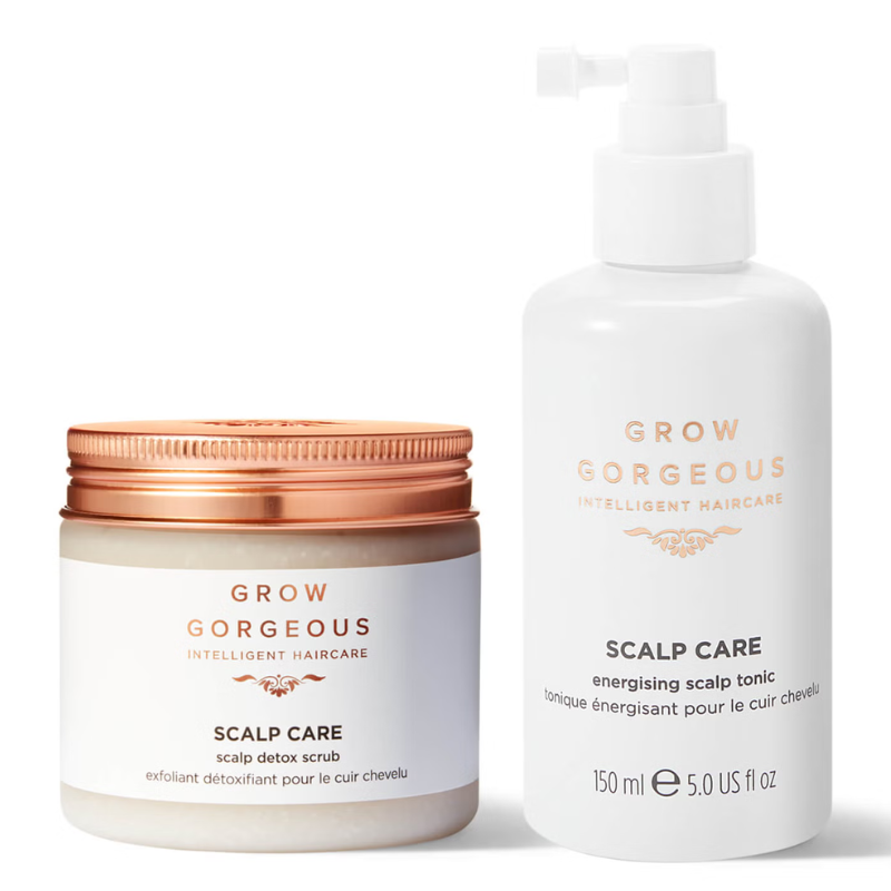 The 2pc Scalp Savior Edit includes a scalp detox scrub and an energising scalp tonic from Grow Gorgeous, designed for scalp care and hair health.