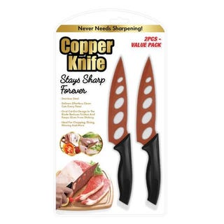 Two stainless steel knives with copper coating and black handles in a value pack.