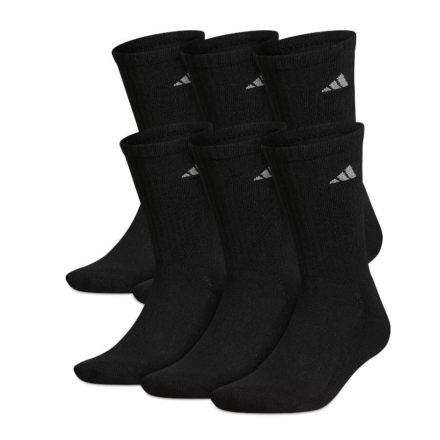 Six pairs of black crew socks with a white logo on the ribbed cuffs.