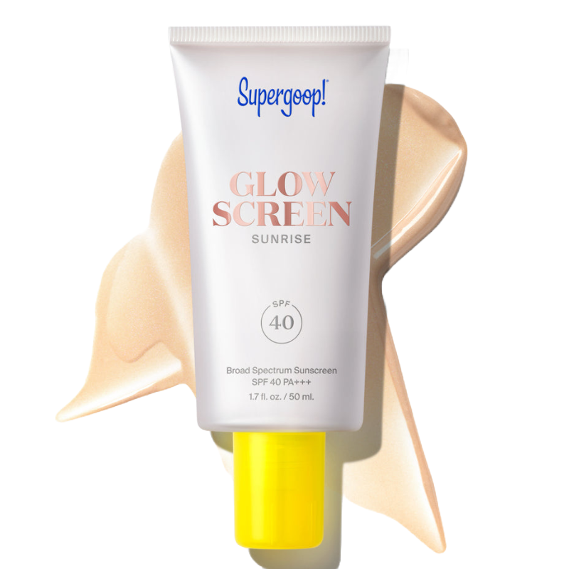 Supergoop! Glowscreen sunscreen offers SPF 40 protection with a slight glow-enhancing tint called \“Sunrise.\“ It’s a broad-spectrum formula with a 1.7 fl. oz. (50 ml) size and bright yellow cap.