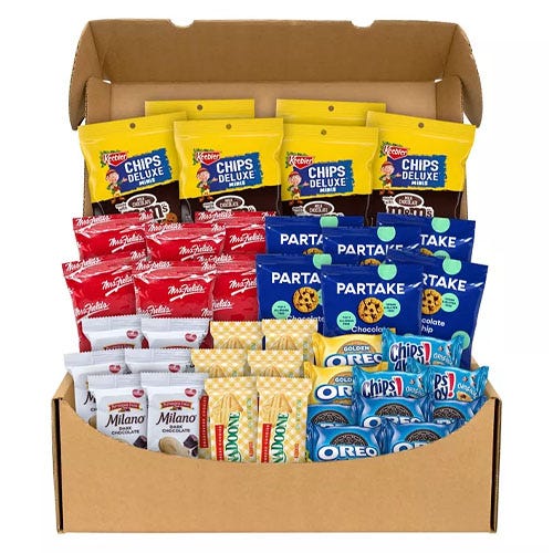 The 40ct Cookie Lovers Snack Box includes an assortment of cookies: Keebler Chips Deluxe, Mrs. Fields, Partake, Pepperidge Farm Milano, Nutter Butter, Lemon, Oreo, and Chips Ahoy.