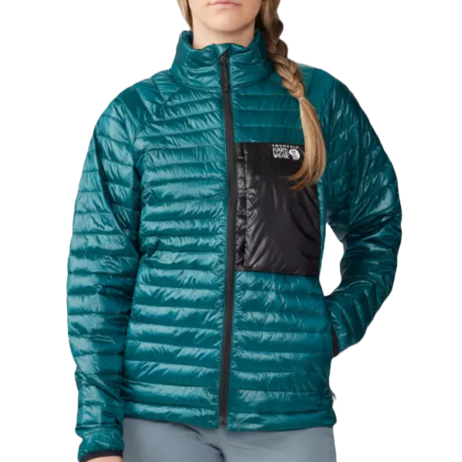 A teal, lightweight puffer jacket from Mountain Hardwear with a zip-up front, insulated quilting, and a black chest pocket.