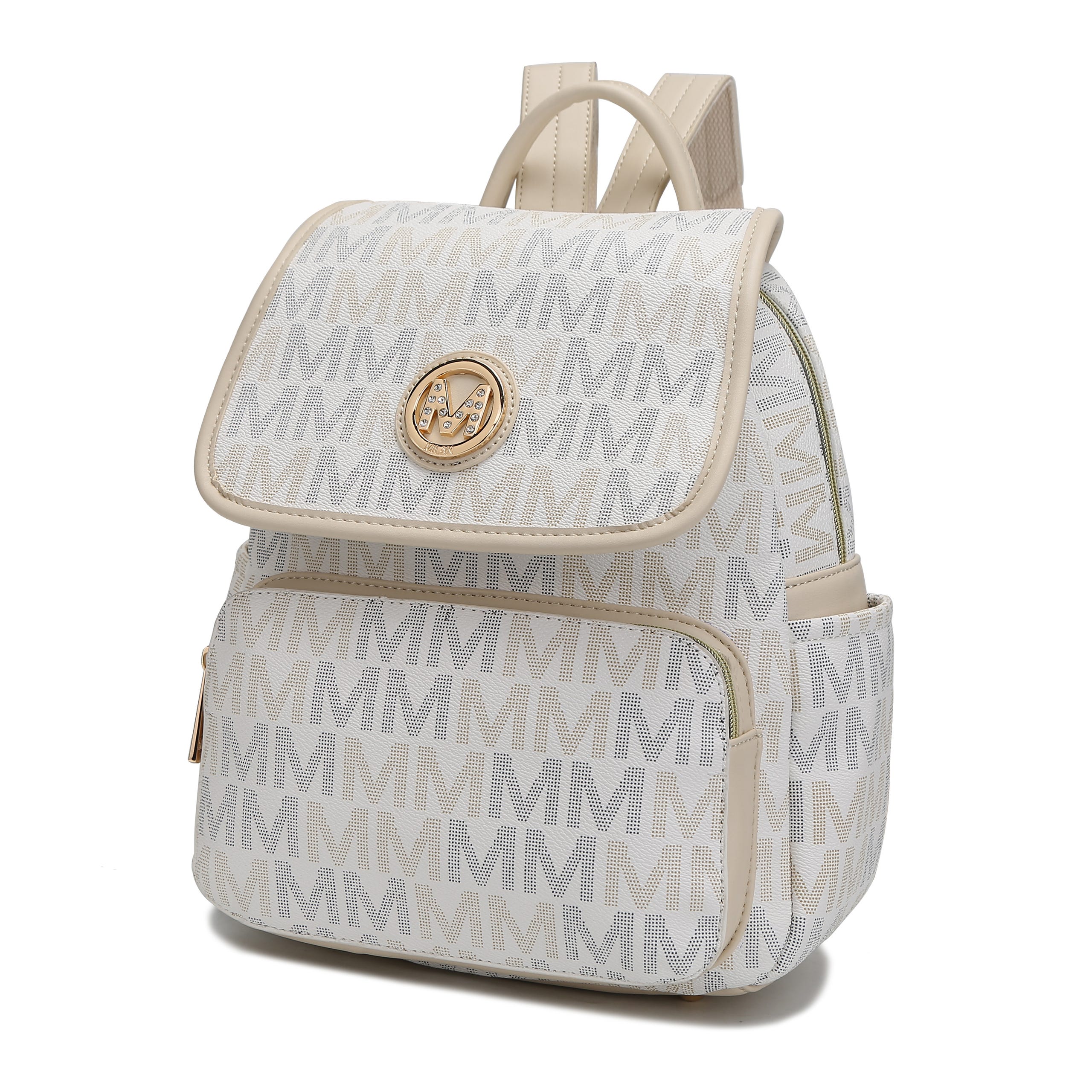 A white and beige patterned backpack with a front flap, gold-tone emblem, and external zippers.