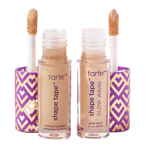 Tarte Shape Tape contour concealer and Glow Wand feature a purple and gold geometric pattern.