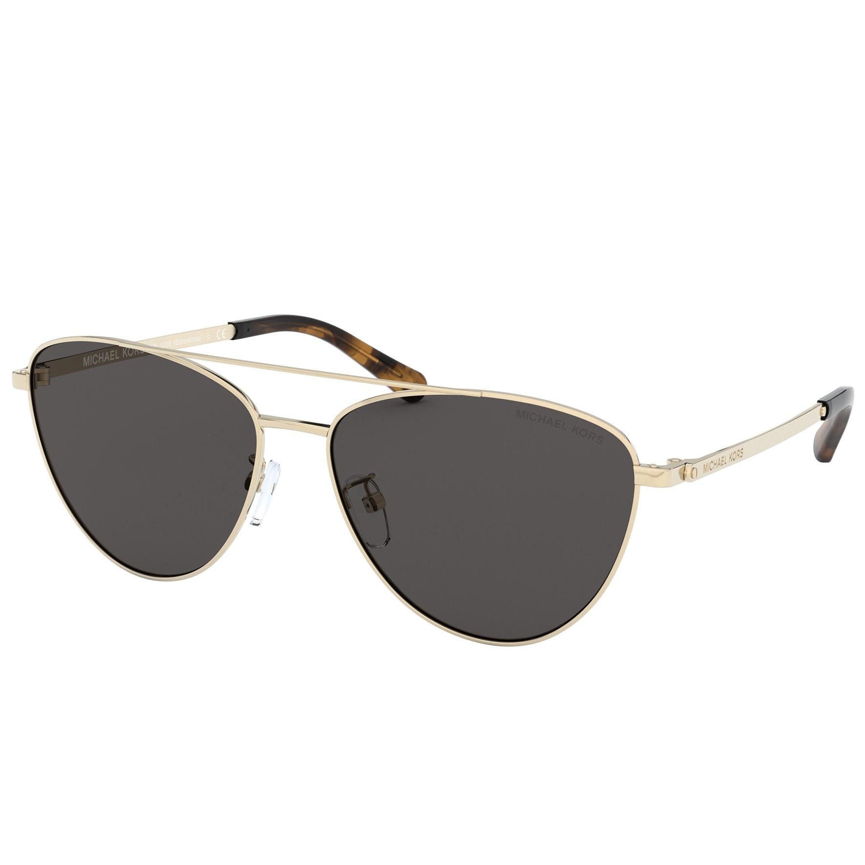 A pair of gold-framed aviator sunglasses with dark lenses and tortoiseshell-patterned earpieces.