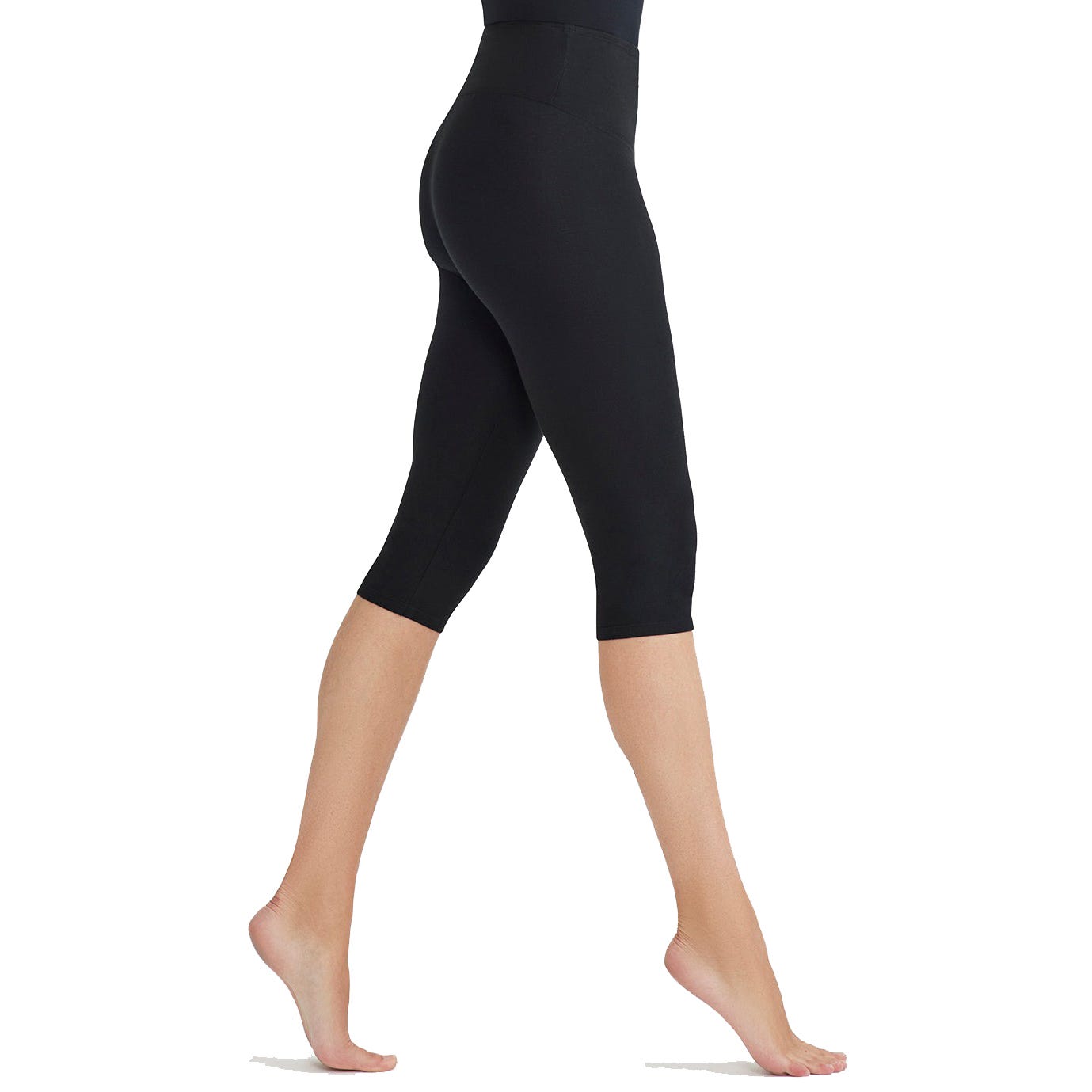 High-waisted black capri leggings, worn by a person walking on tiptoe, extending to just below the knees.