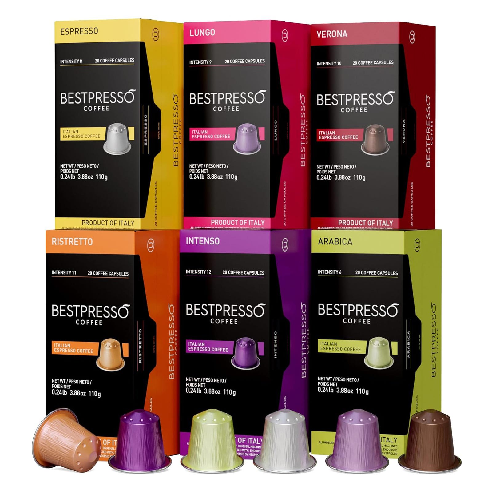 A 120-pack of Bestpresso coffee pods including six varieties: Espresso, Lungo, Verona, Ristretto, Intenso, and Arabica. Each variety features 20 capsules with intensities ranging from 6 to 12 and is labeled as an Italian espresso product.