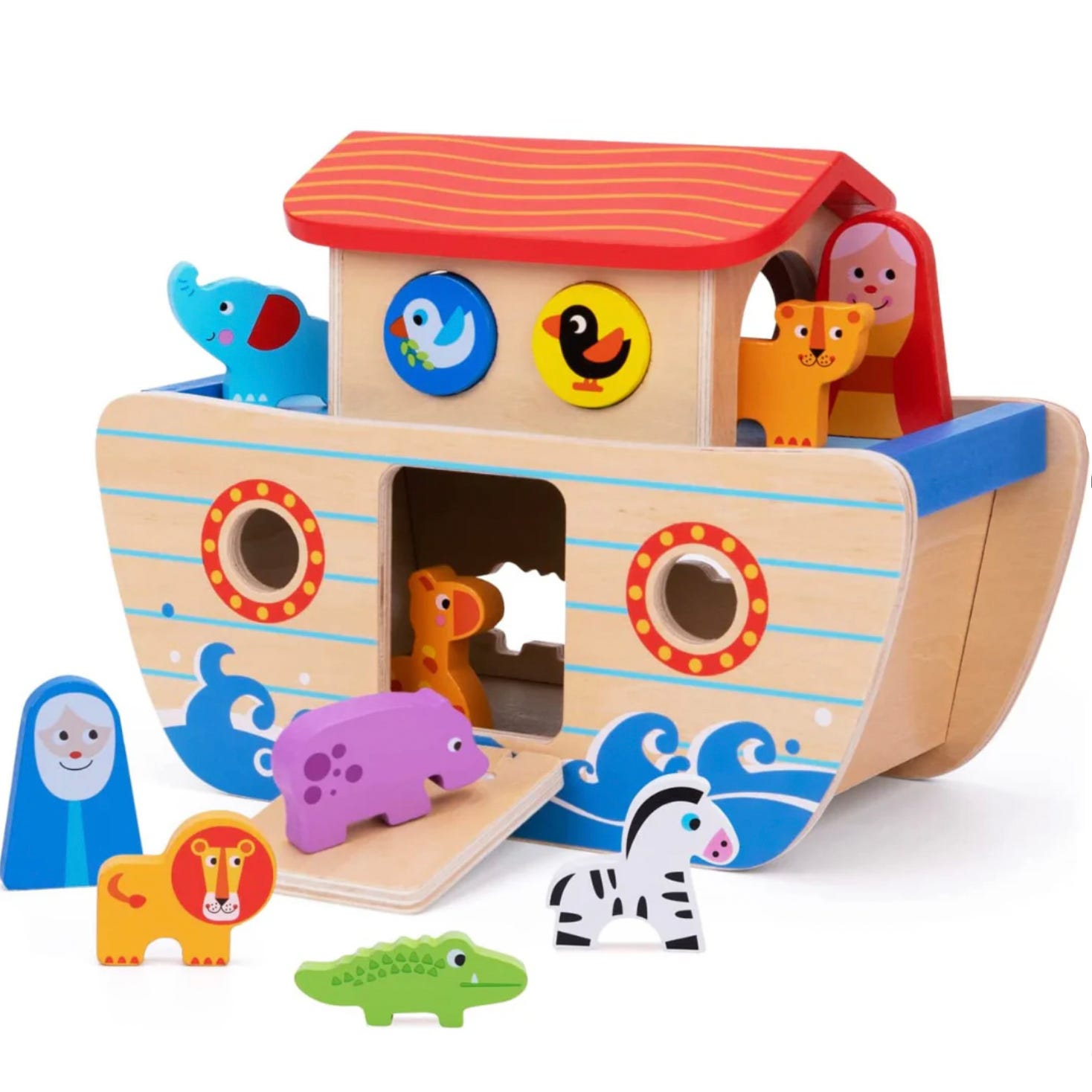A colorful wooden toy set includes a boat with a red roof and various animal figures, such as elephants, lions, and birds, designed to fit through the boat's cut-out windows.