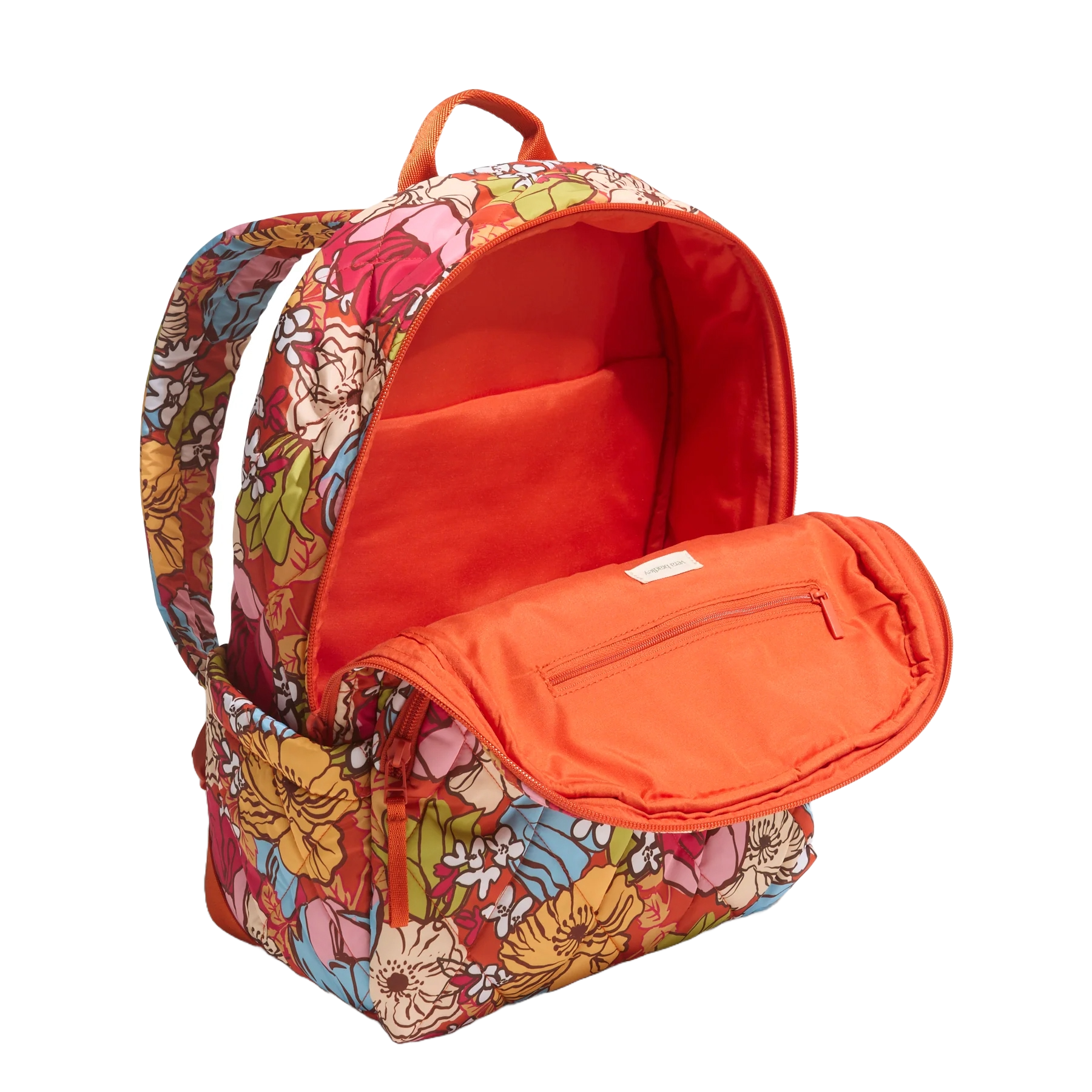 A vibrant floral-patterned backpack with an orange interior, featuring a main compartment and a zipper pocket on the inside of the flap.