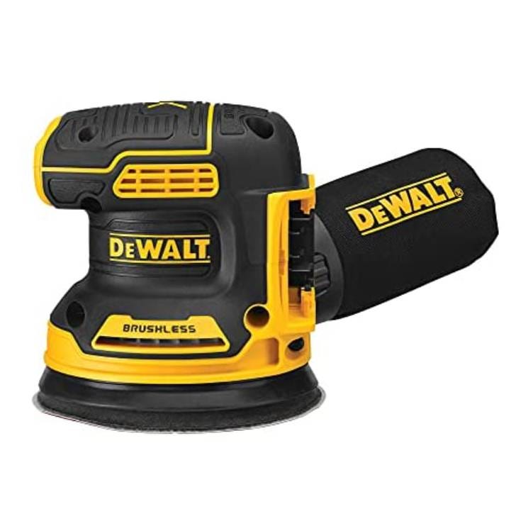 A DeWalt brand cordless, brushless orbital sander with a yellow and black color scheme.