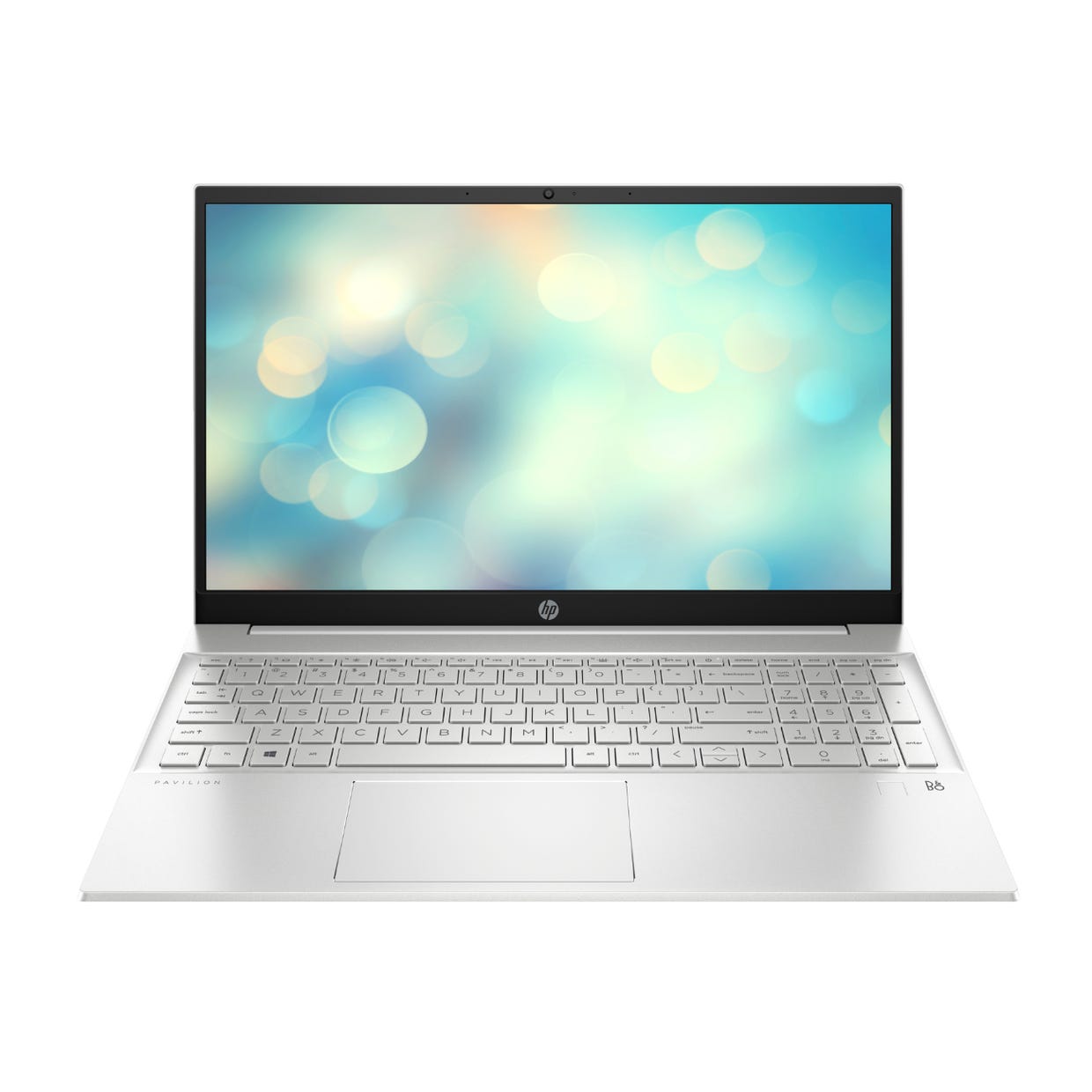 Silver HP Pavilion laptop with a white keyboard and screen displaying bokeh lights.