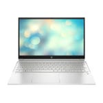 Silver HP Pavilion laptop with a white keyboard and screen displaying bokeh lights.