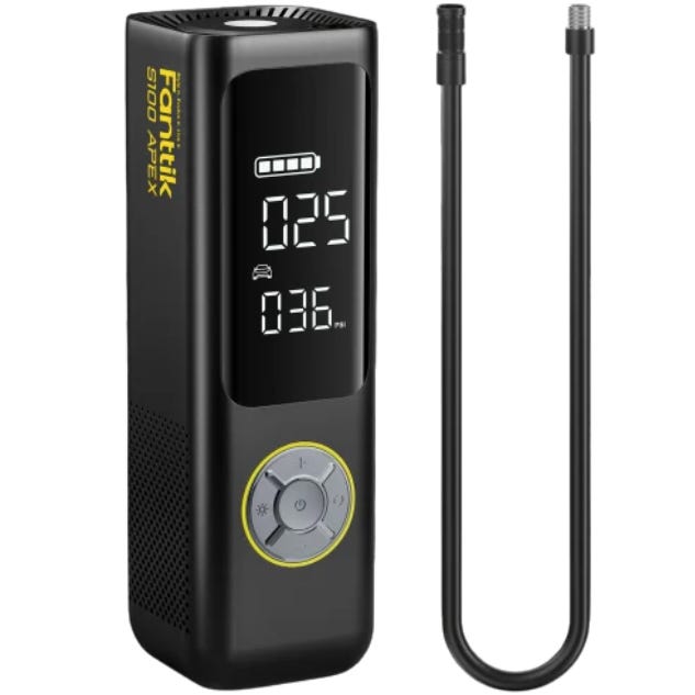 Refurb Fanttik Tire Inflator: A compact, black portable device with an LED display showing pressure readings and battery status, accompanied by a detachable hose for inflating tires.