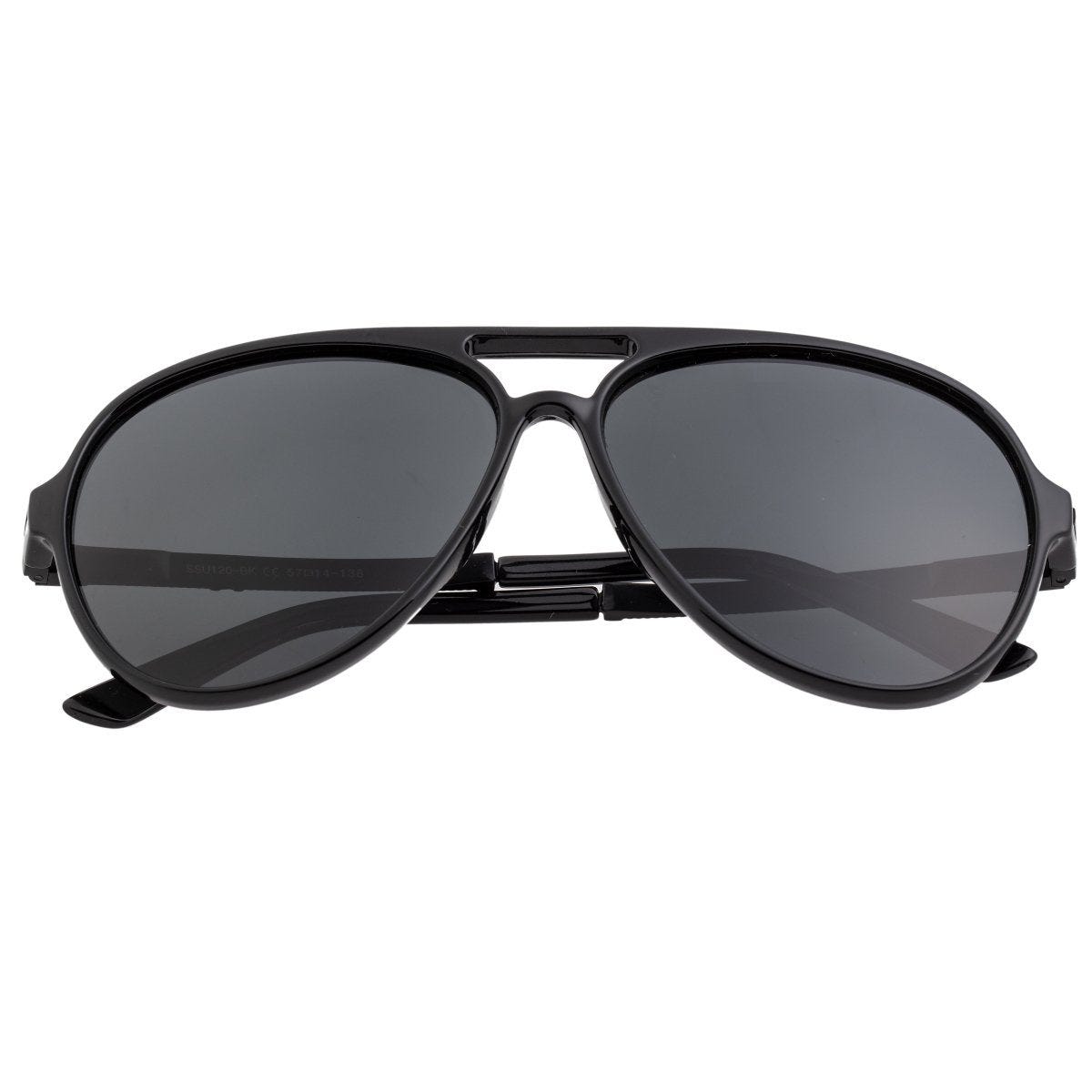 Black polarized sunglasses with a classic aviator design, featuring dark lenses and a double bridge.