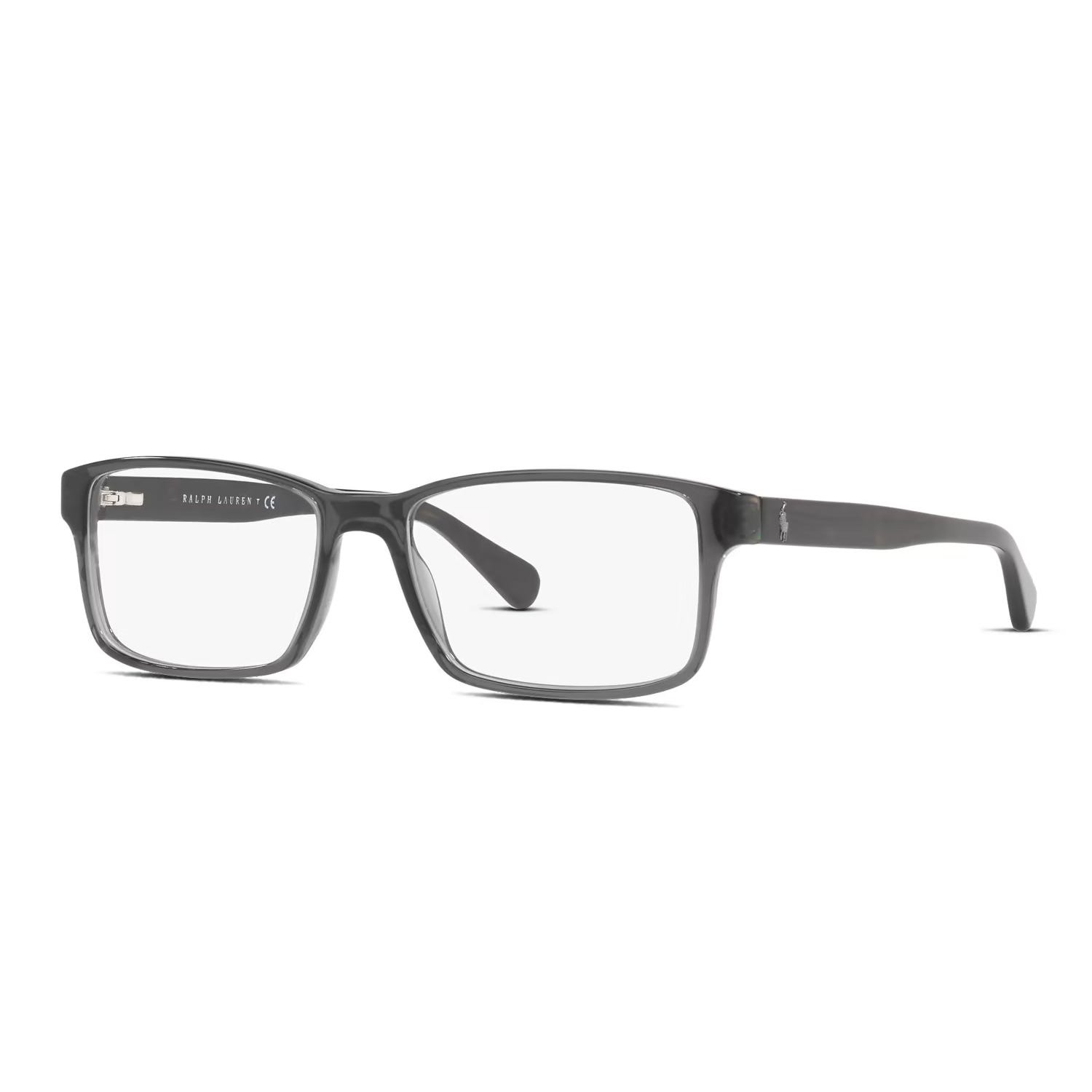 A pair of rectangular-framed eyeglasses with translucent gray lower rims and solid gray upper rims.
