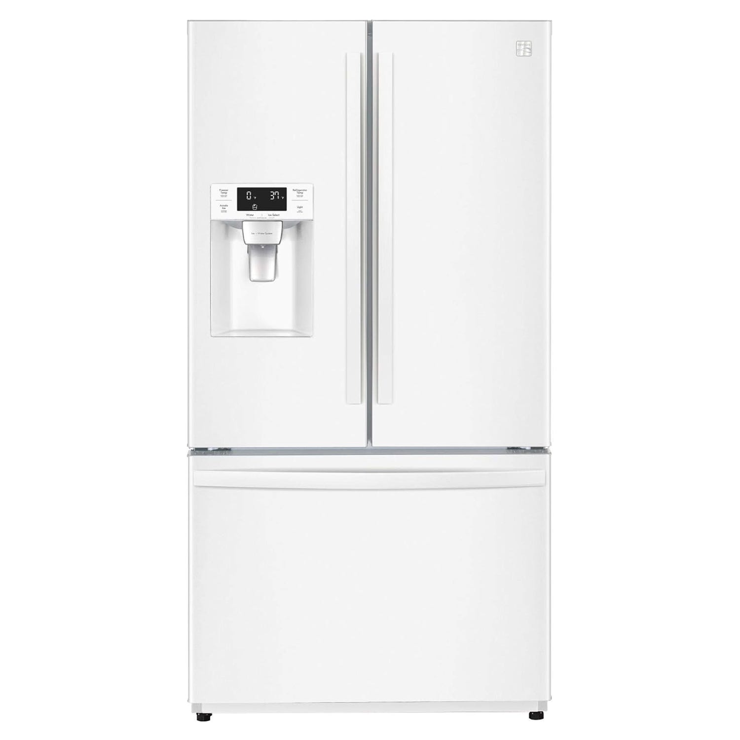 A white French door refrigerator with a bottom freezer, featuring a digital control panel and an external ice and water dispenser.