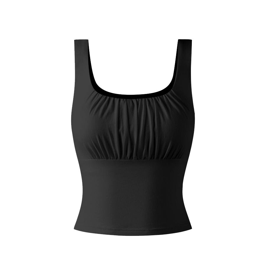 Black tank top with a gathered neckline.