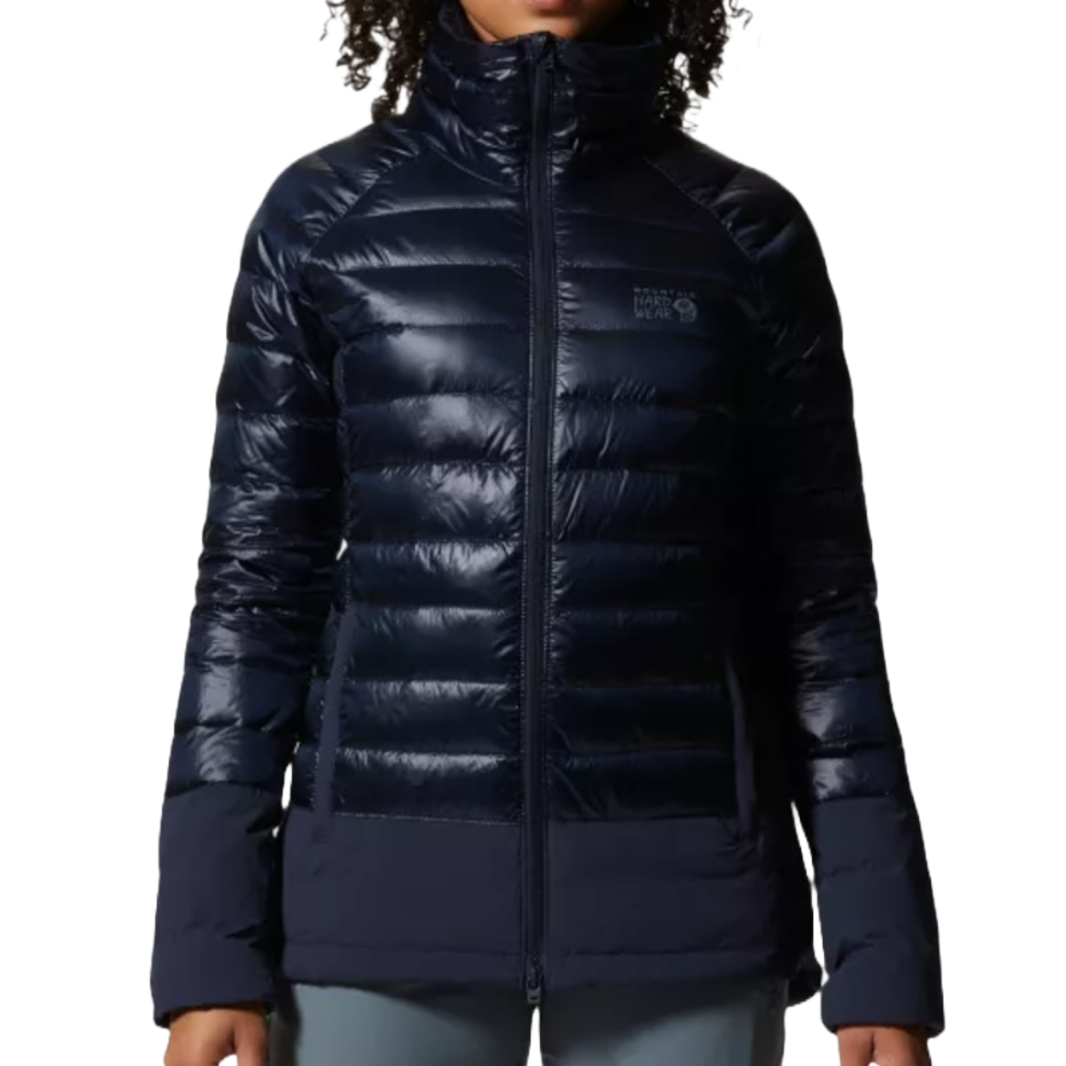 The Mountain Hardwear Alpinstad Jacket is a sleek, dark-colored puffer jacket with a high collar and full front zipper, featuring the brand's logo on the chest.