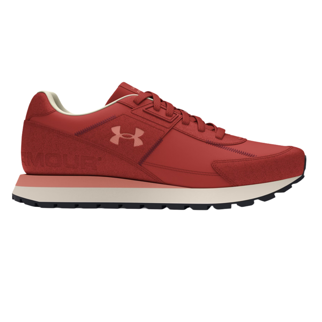 A red Under Armour sneaker with white logo on the side, features a cream midsole and black outsole.
