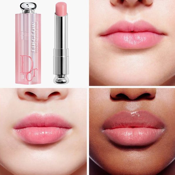 Dior Addict Lip Glow, a lip balm presented alongside application examples on different lip tones.