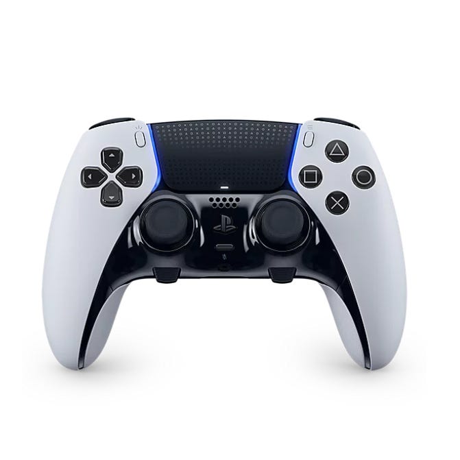 PlayStation 5 DualSense wireless controller featuring adaptive triggers and haptic feedback in a white and black design with signature PlayStation button icons.