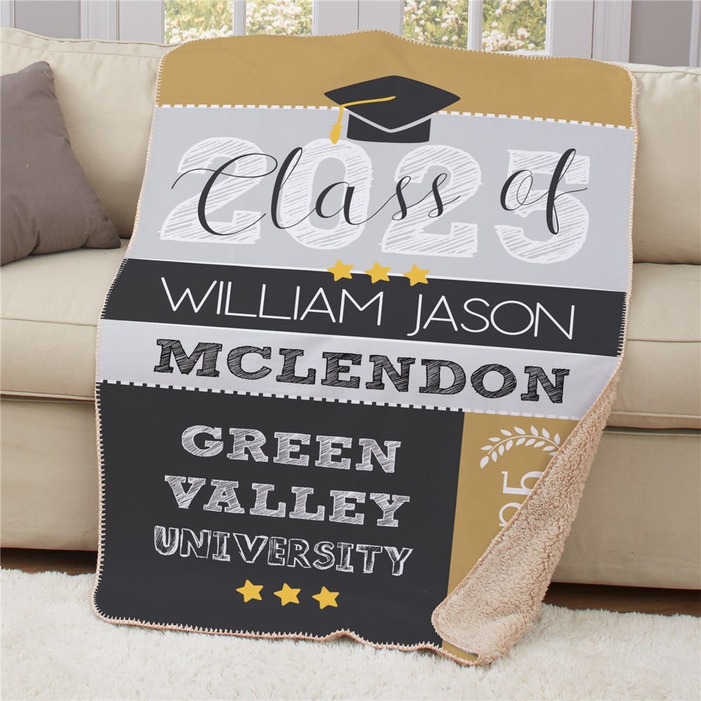 A personalized graduation blanket features a \“Class of 2023\“ design with a graduation cap, name \“William Jason McLendon,\“ and \“Green Valley University.\“